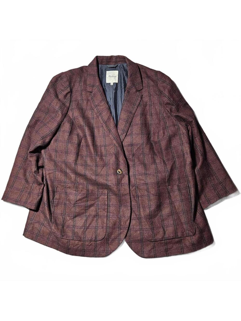 Madewell Women's 3X Brown Plaid Wool Blend Blazer Plus Size Stylish Outerwear